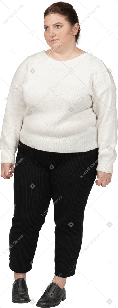 Upset plump woman in casual clothes
