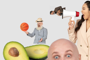 Woman shouting through megaphone next to avocado and bald man