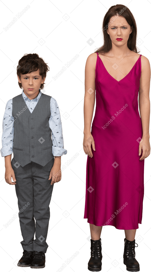 Front view of angry woman and boy