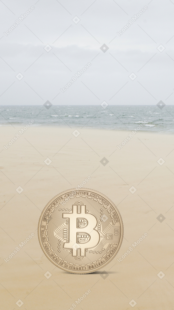 Криптовалюта биткойн на пляже