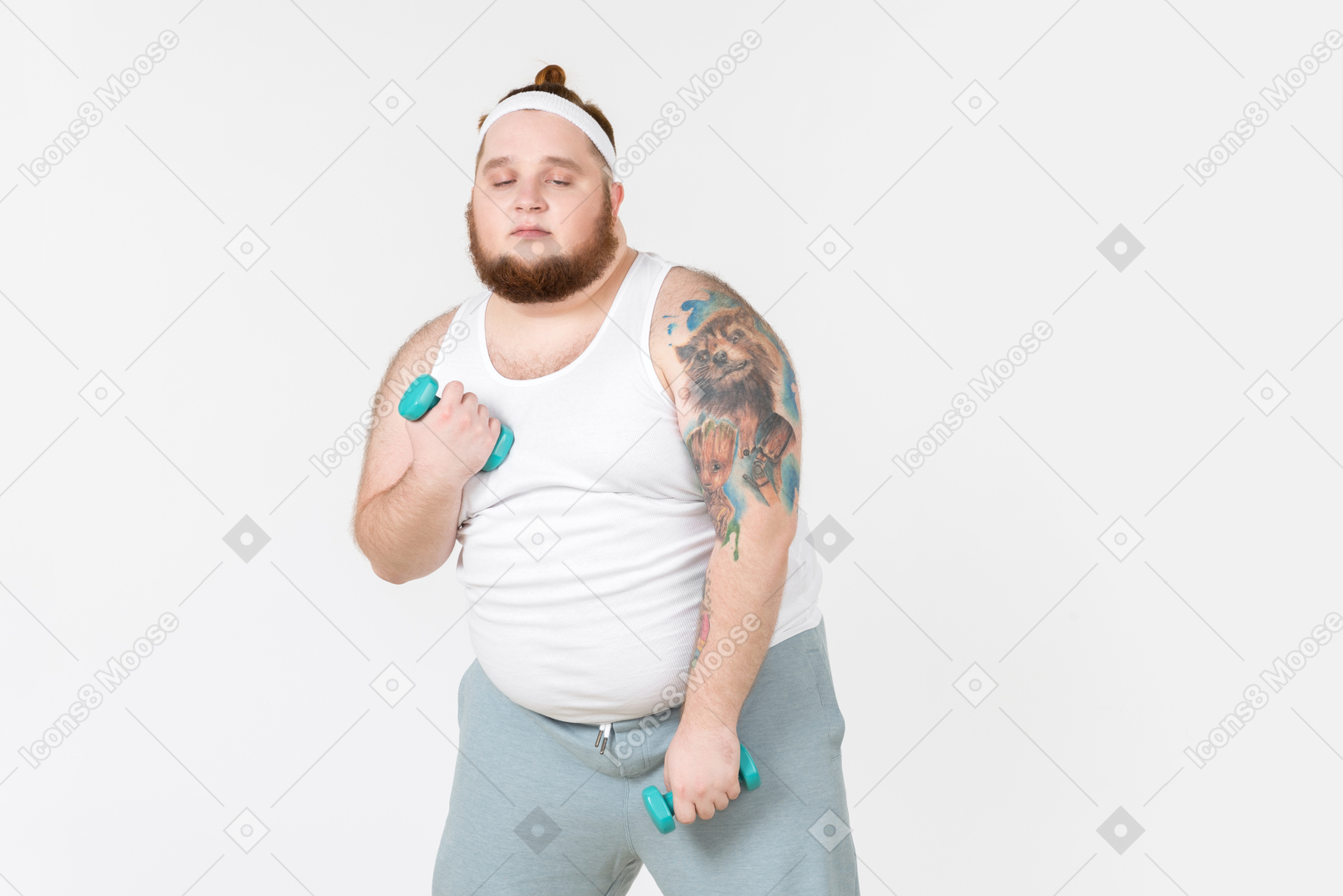 Tired big guy in sportswear lifting hand weights