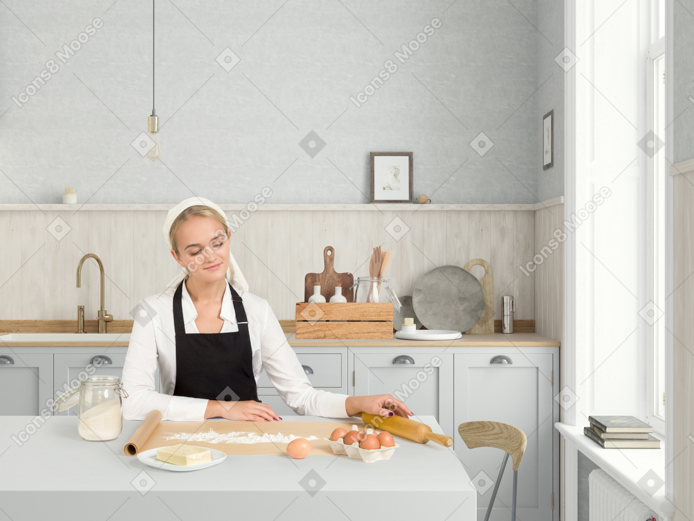 Beautiful young housewife in modern kitchen