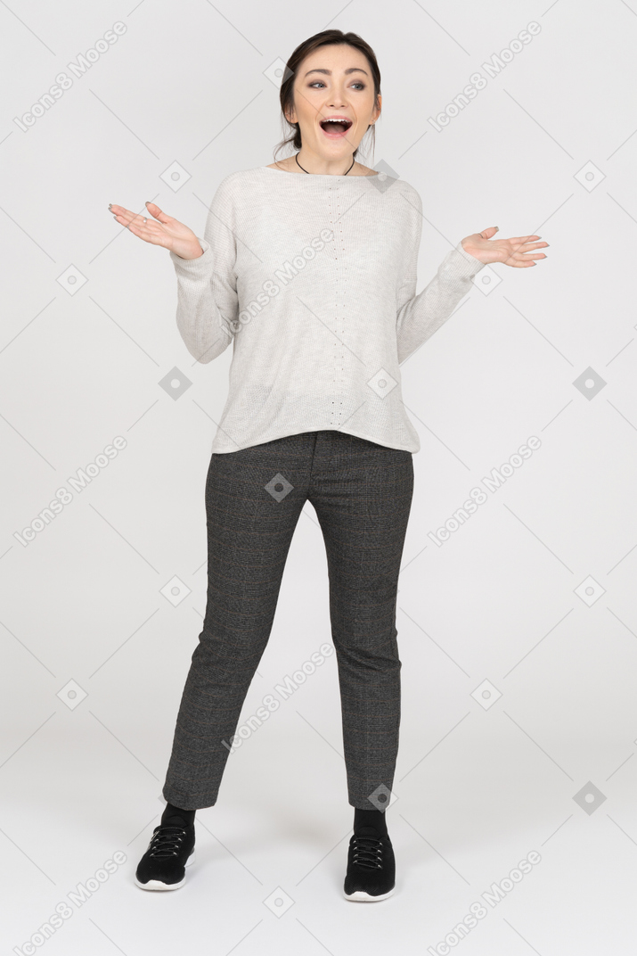 Excited cheerful caucasian female isolated over white background