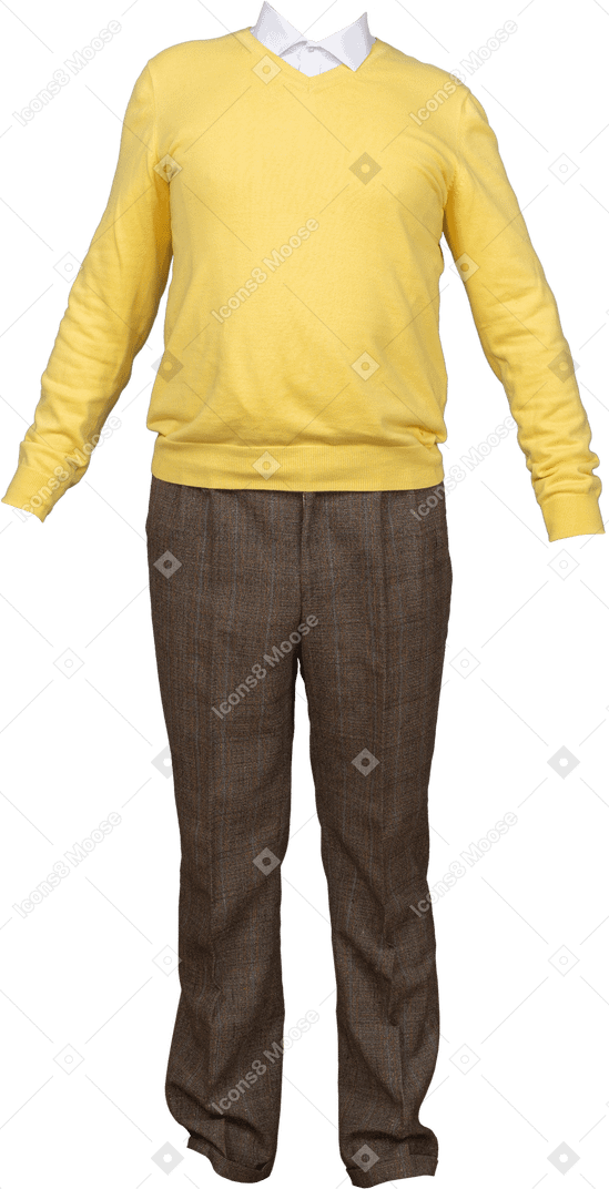 Sudadera amarilla con cuello blanco y pantalones marrones a cuadros