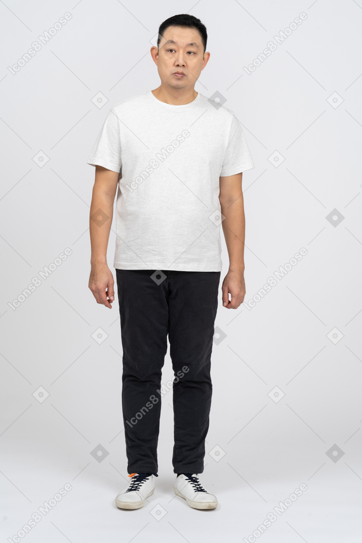 Man in casual clothes standing still and looking at camera