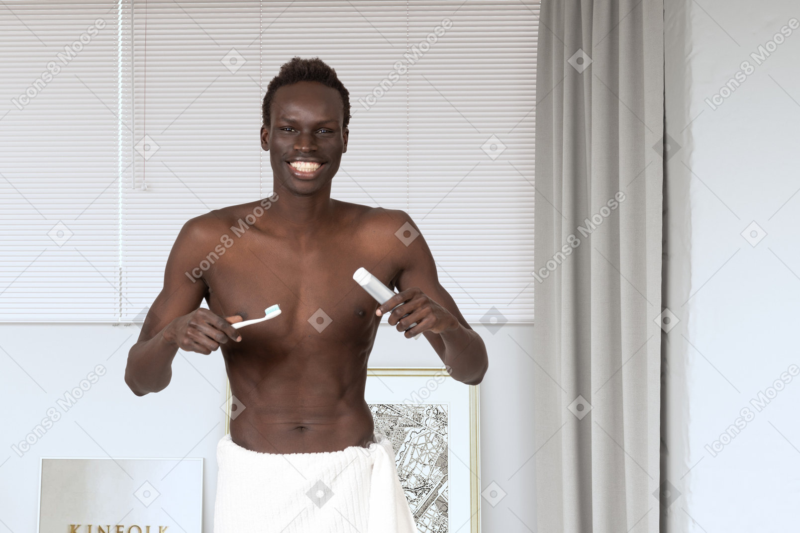 Hombre medio desnudo sosteniendo pasta de dientes y cepillo de dientes