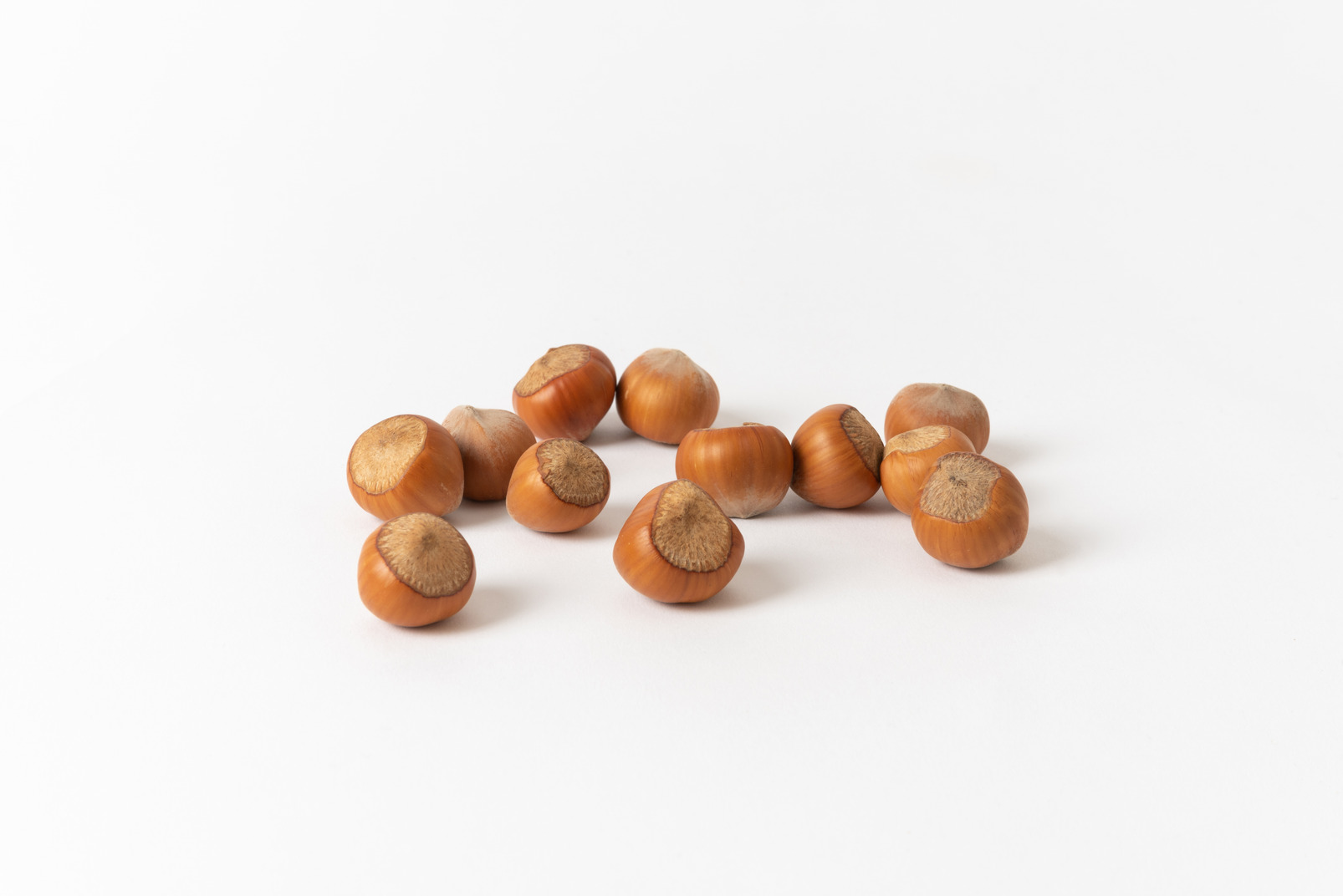 Scattered hazelnuts on a white background