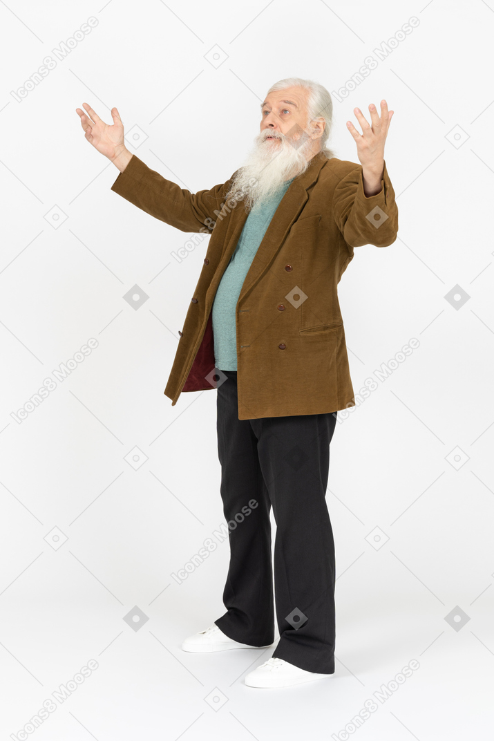 Elderly man throwing his hands up