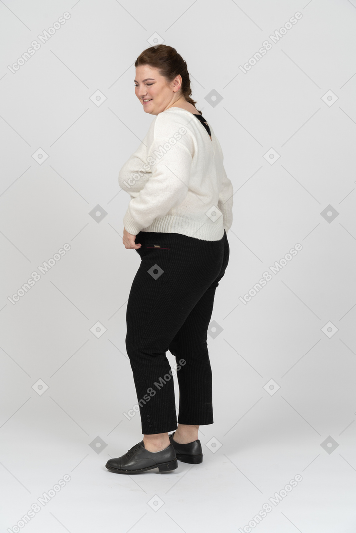 Happy plus size woman in casual clothes