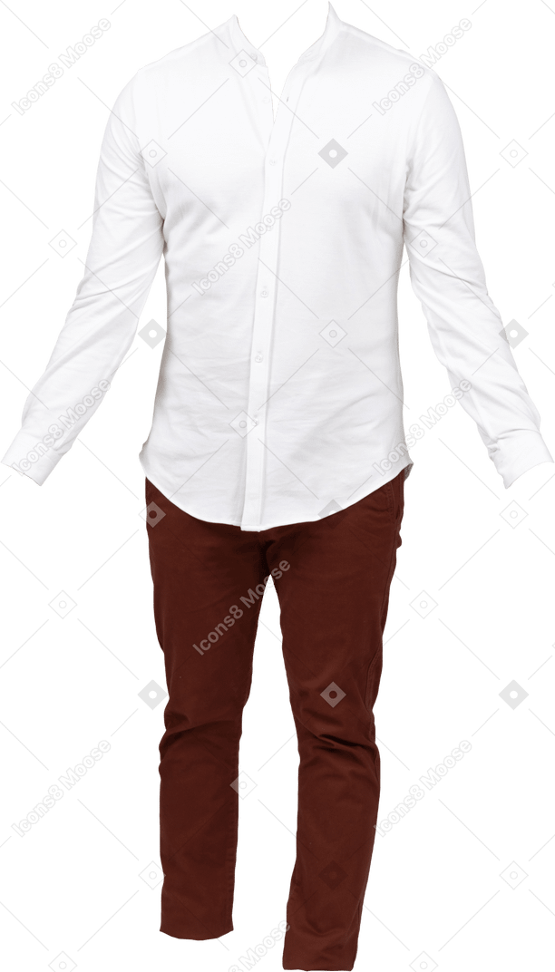 흰색 만다린 셔츠와 갈색 바지