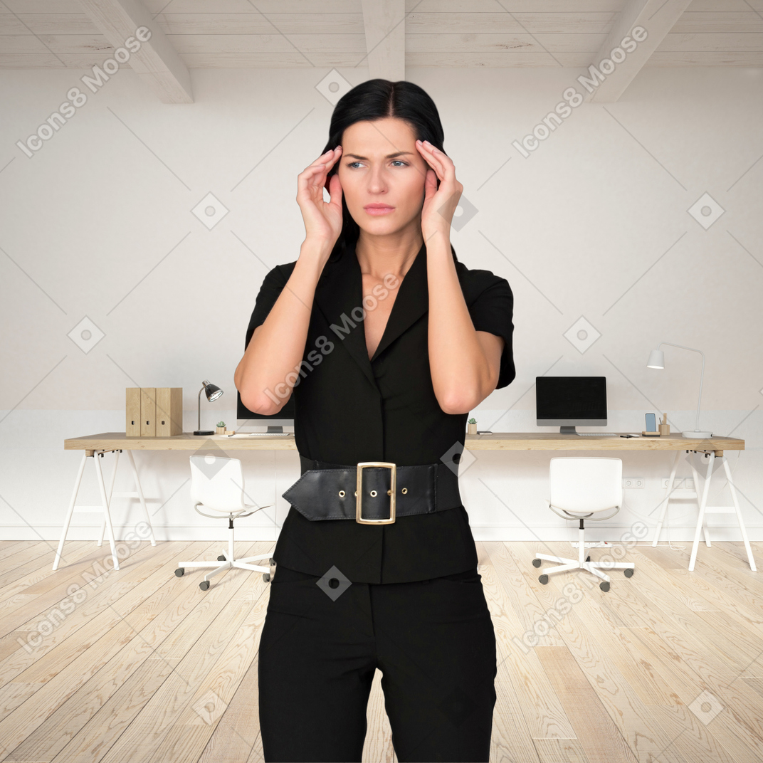A woman in a black suit having a migraine