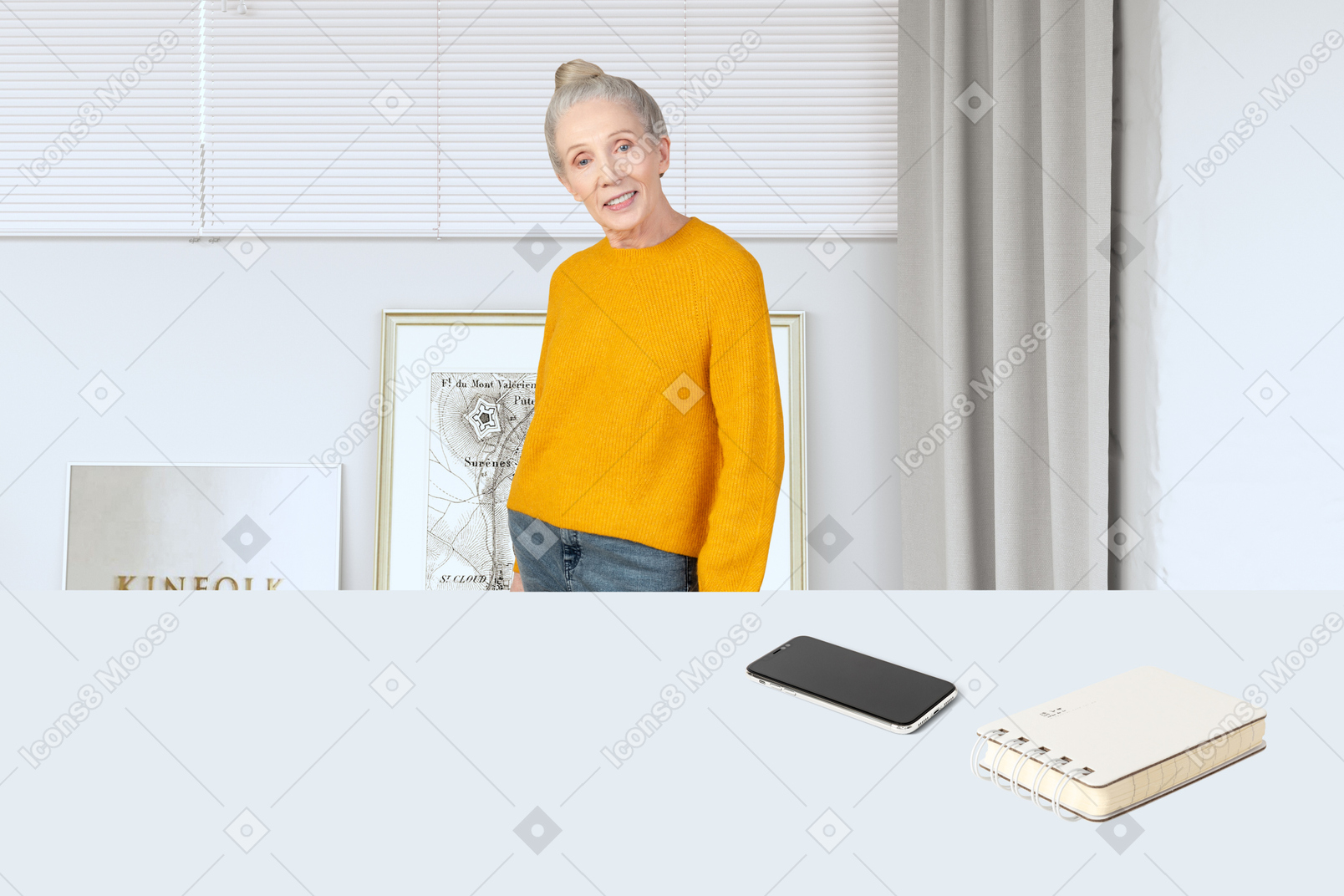 Woman in yellow sweater standing at desk with notepad and phone