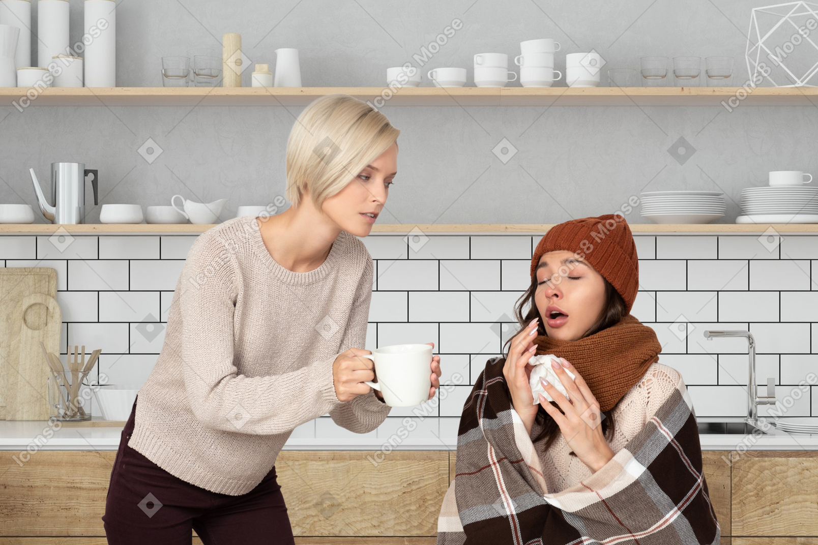 Woman giving a mug of tea to a sick friend