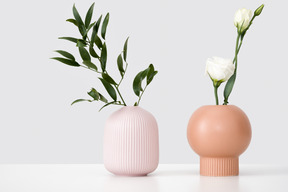 Vases en céramique avec branche verte et eustoma blanc