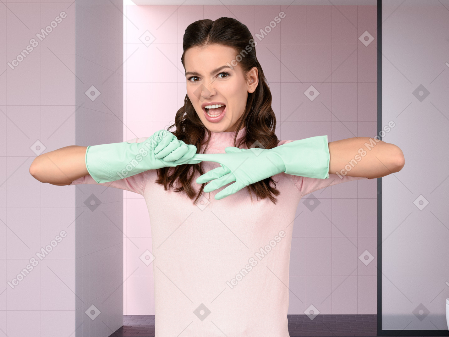 Angry young woman taking off a glove