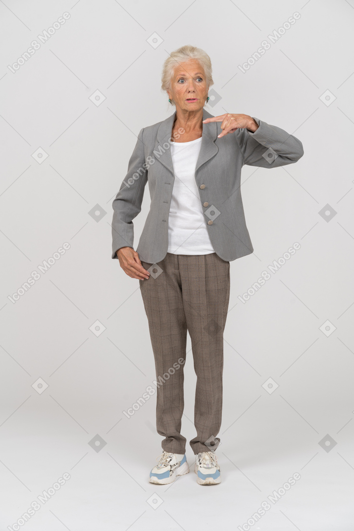 身振りで示すスーツの老婦人の正面図