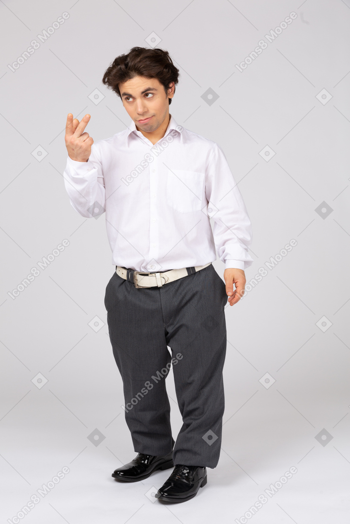 Office worker showing two fingers