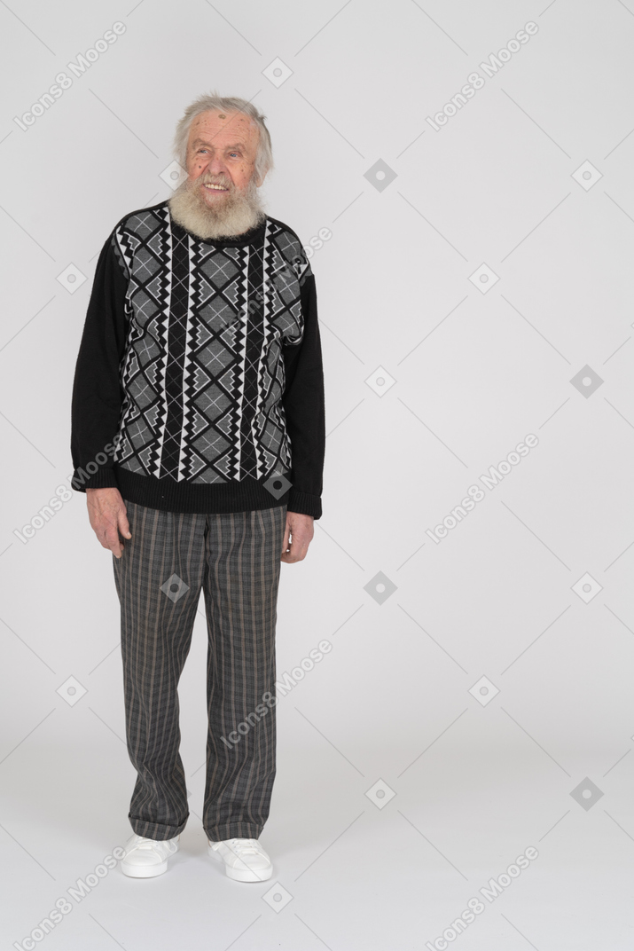 Front view of smiling elderly man in dark clothes
