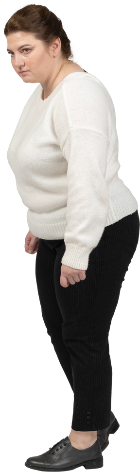 Side view of a plump woman in casual clothes