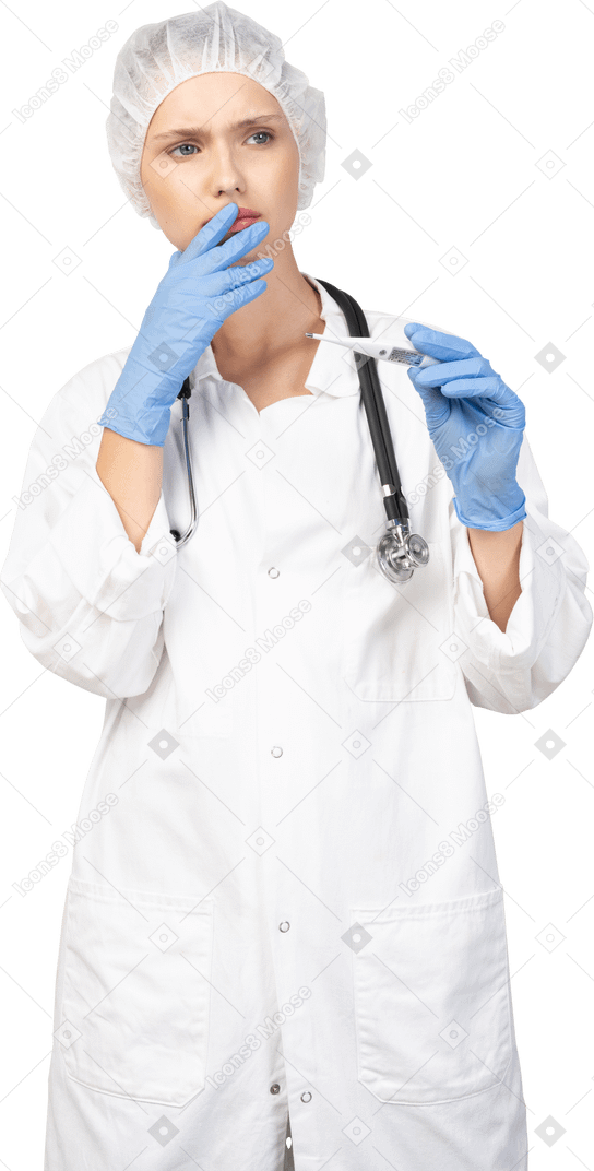 Vue de face d'une jeune femme médecin inquiète avec stéthoscope tenant un thermomètre