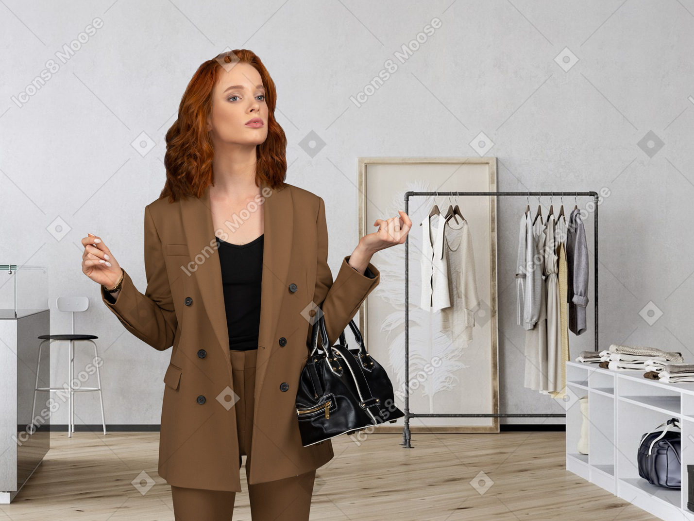 A woman standing in a clothing store holding a handbag