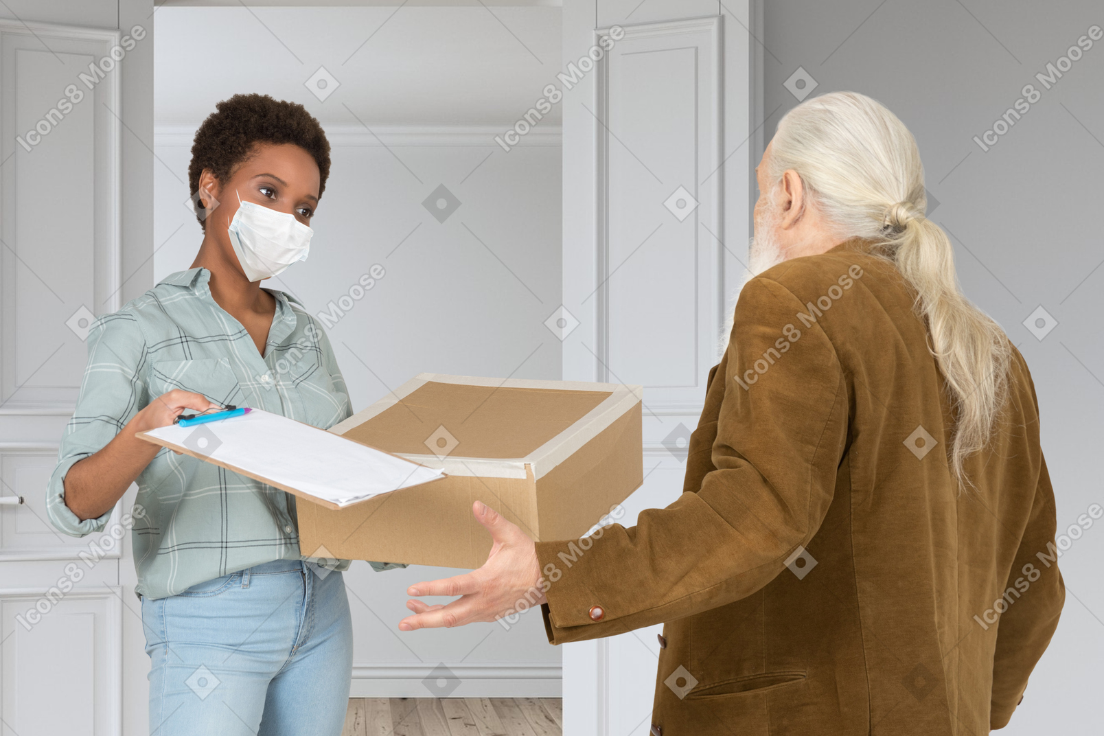 Masked female courier delivering a parcel