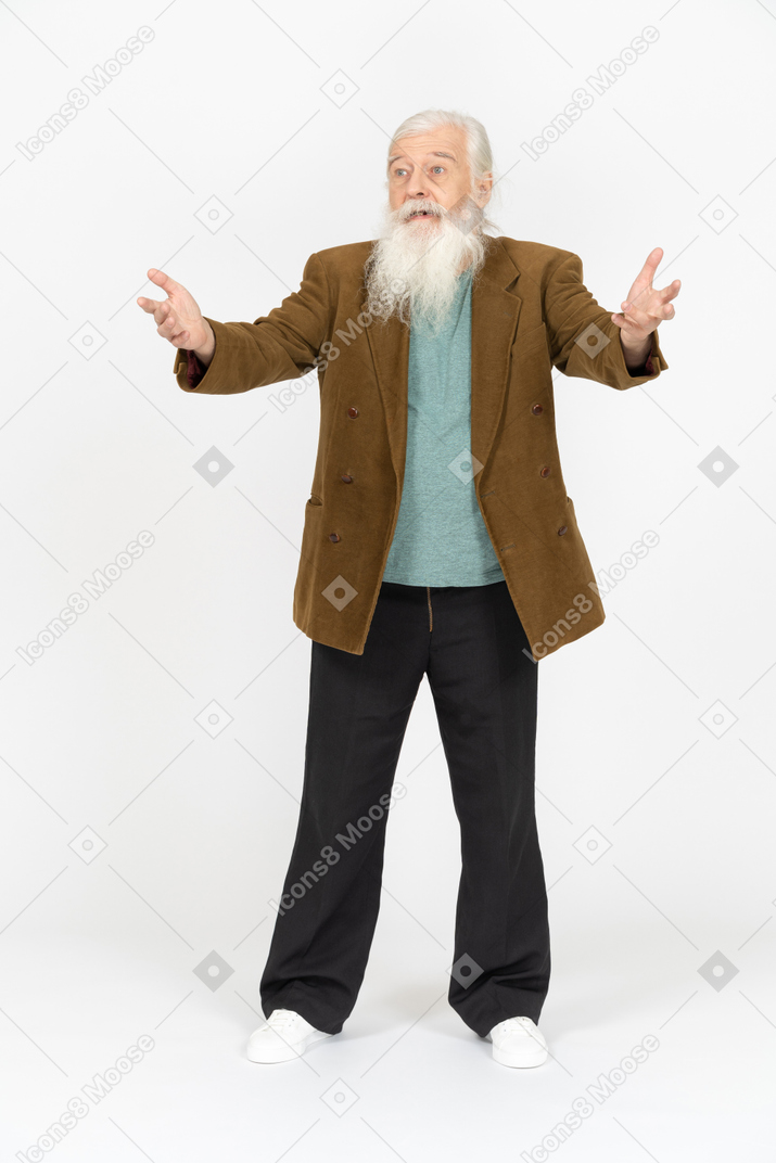Old man looking confused and throwing his hands up