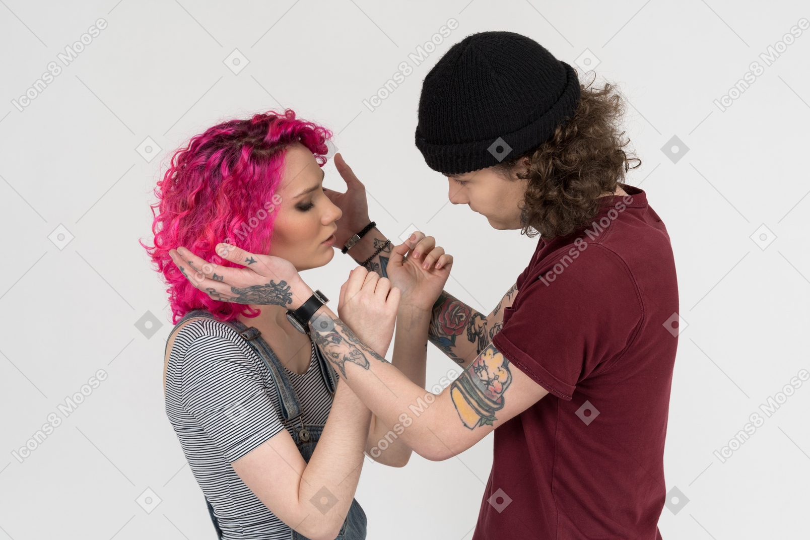 Side portrait of anxious woman quarreling with her boyfriend