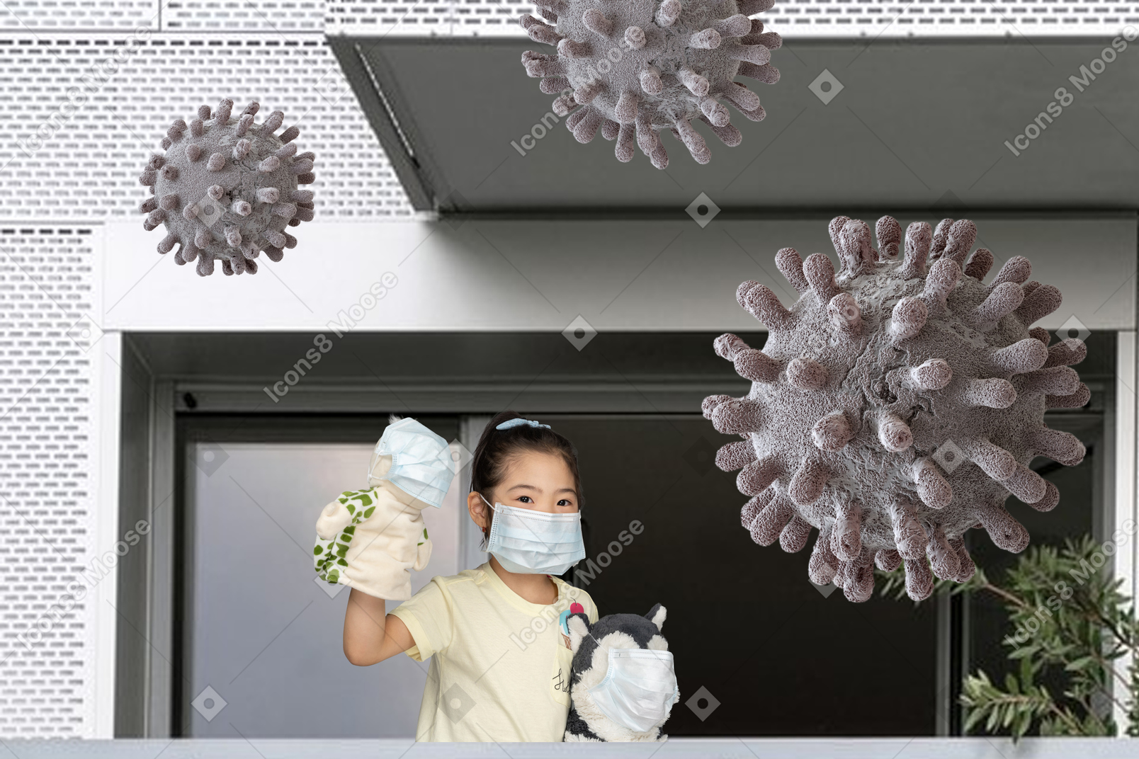 Little girl fighting against viruses