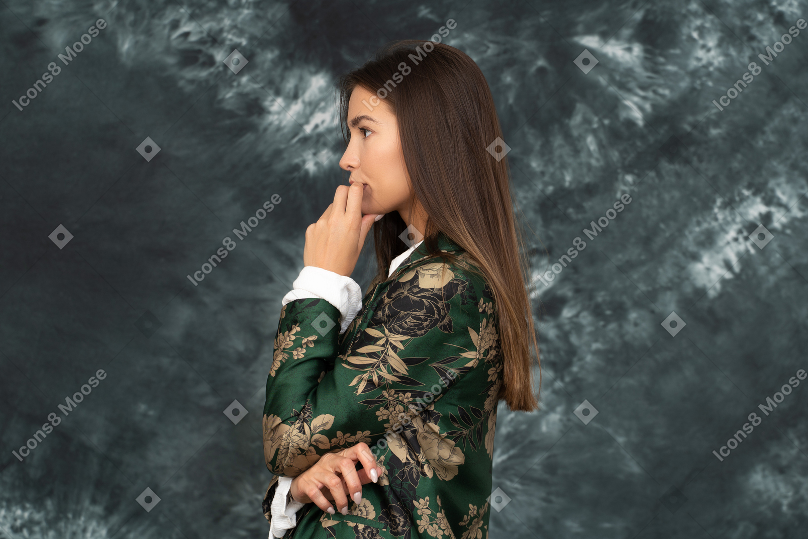 Side shot of a doubtful businesswoman in silk japanese jacket