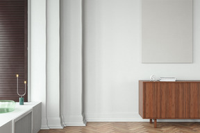 An old-style interior with a wooden dresser and a parquet floor