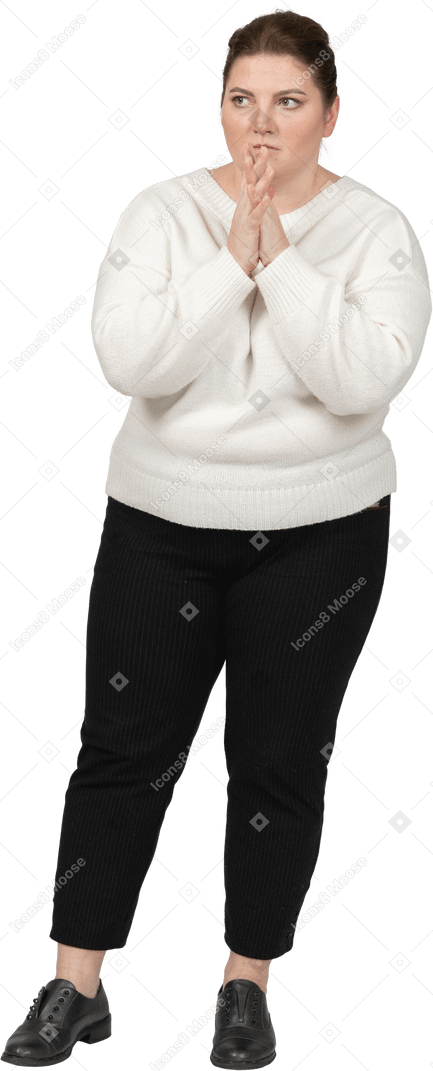 Scared plus size woman in casual clothes
