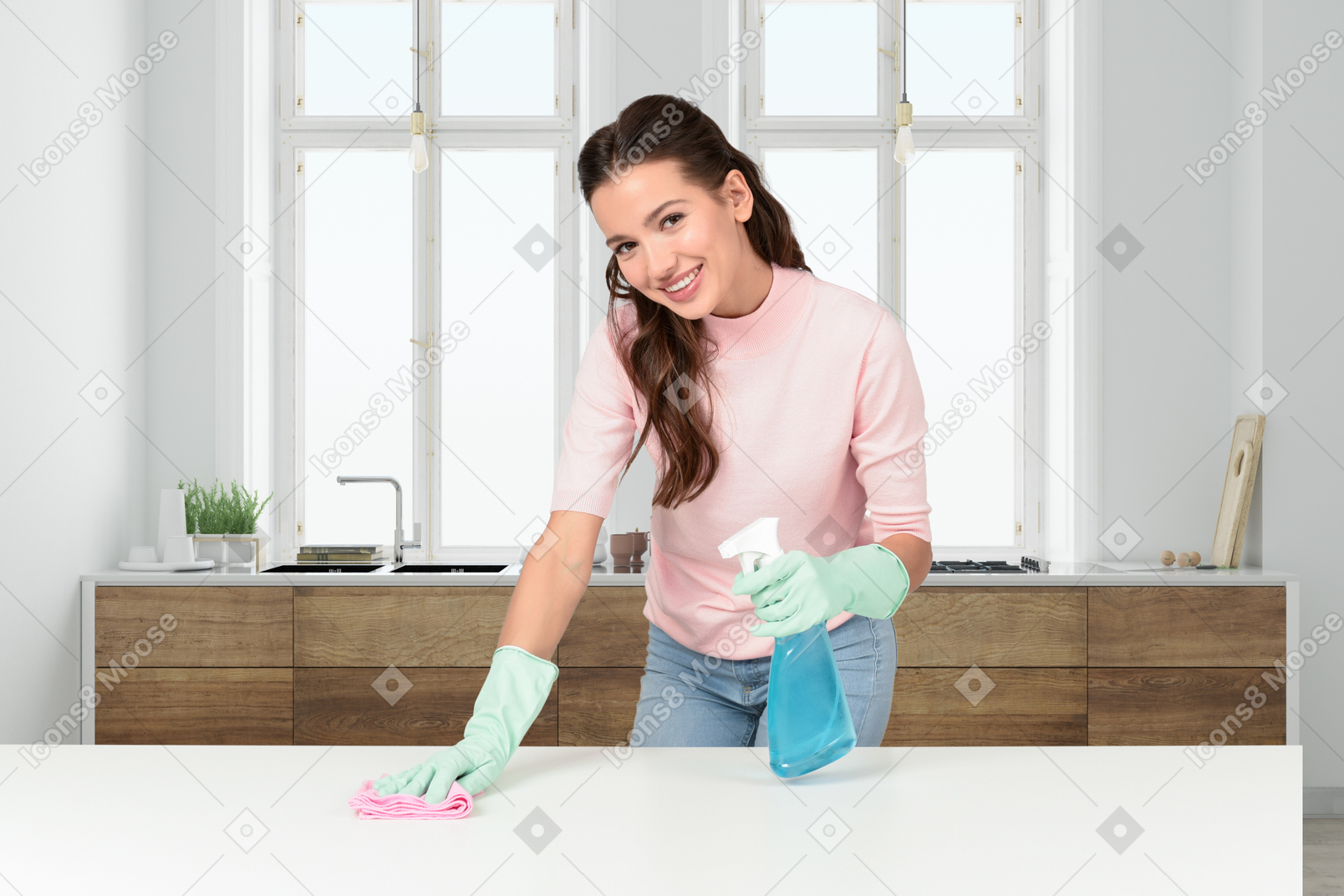 Young woman in gloves cleaning table