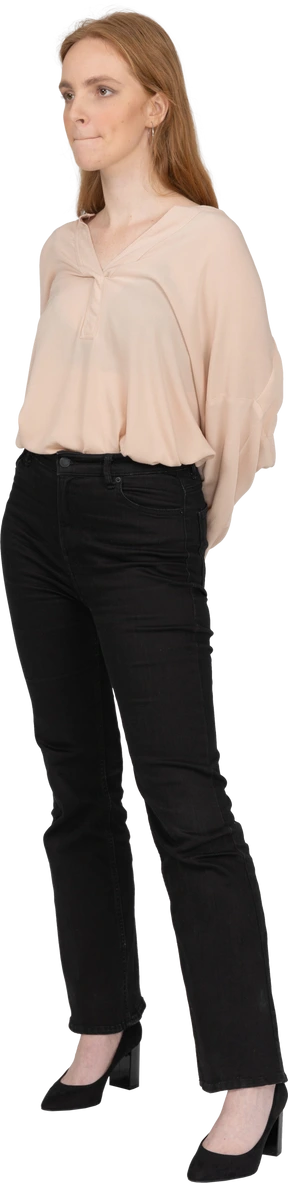 Woman in beautiful blouse standing