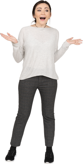 Excited cheerful caucasian female isolated over white background