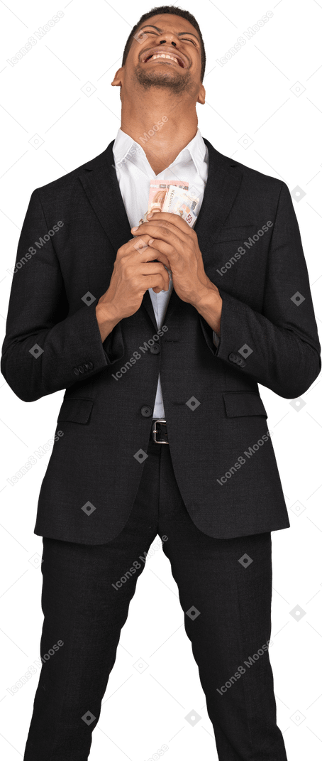 Vorderansicht eines jungen mannes im schwarzen anzug mit banknoten