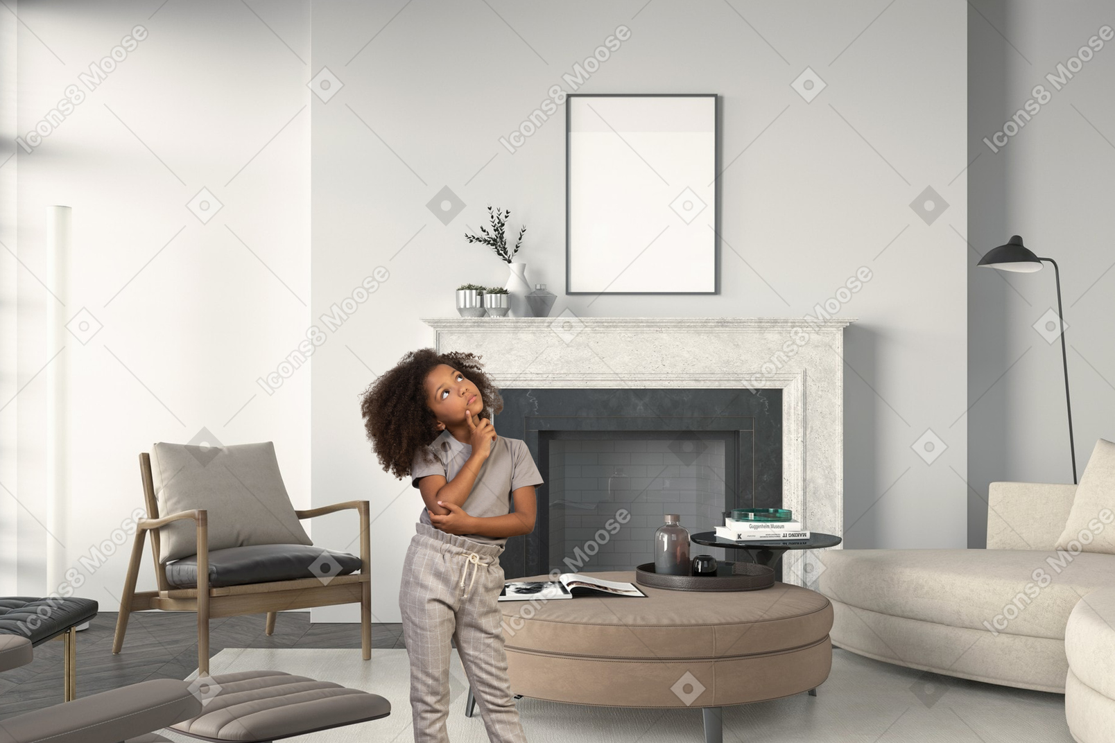A young girl standing in front of a fireplace in a living room