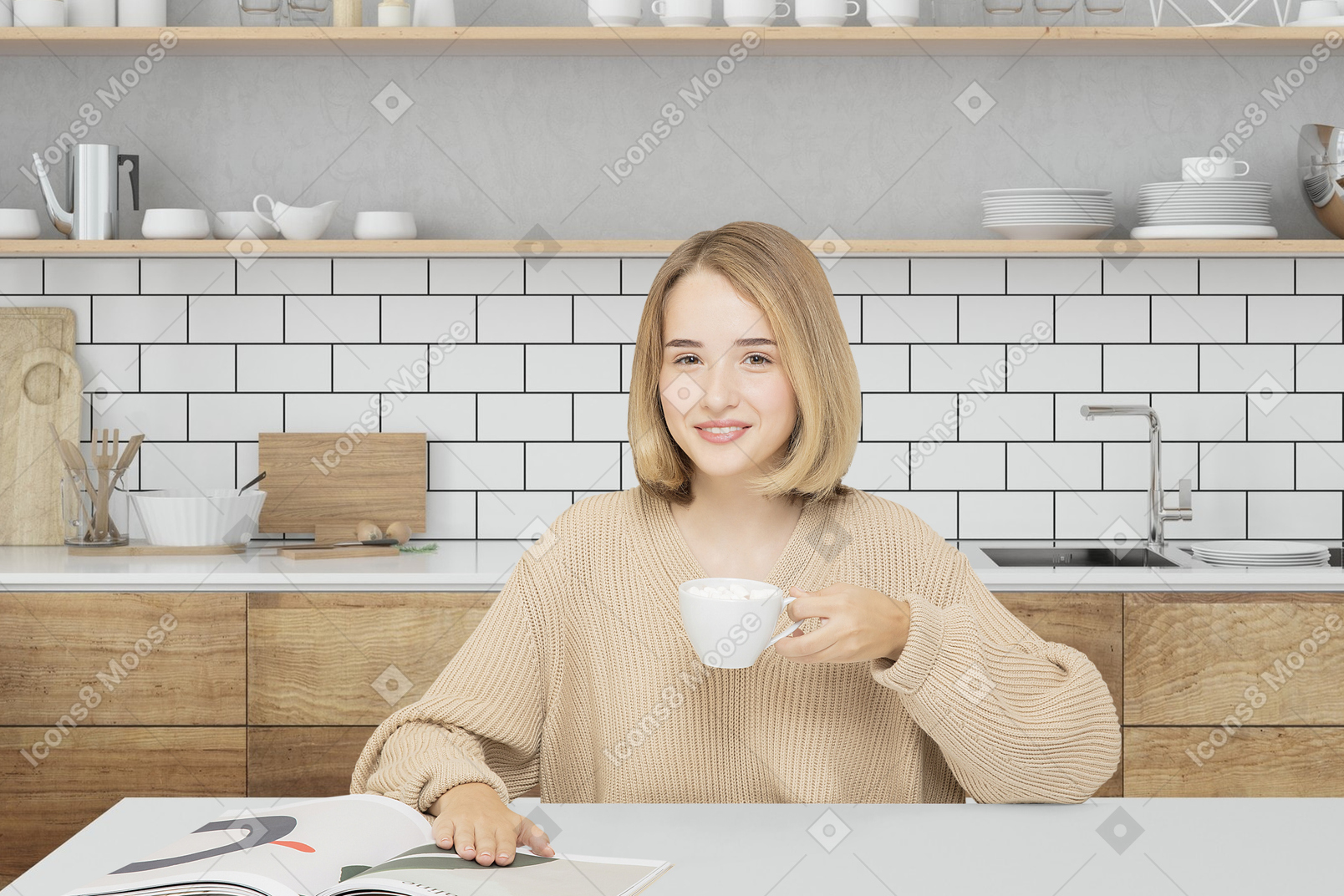 A woman sitting at a table with a cup of coffee