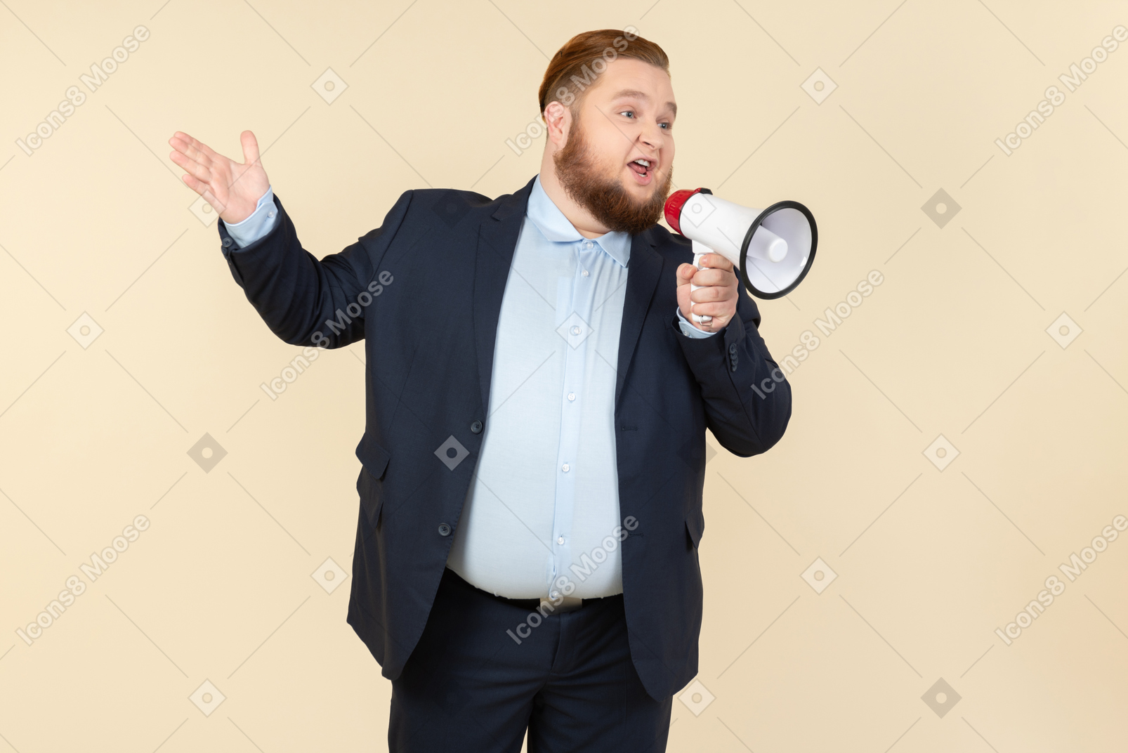 Young overweight office worker screaming using megaphone