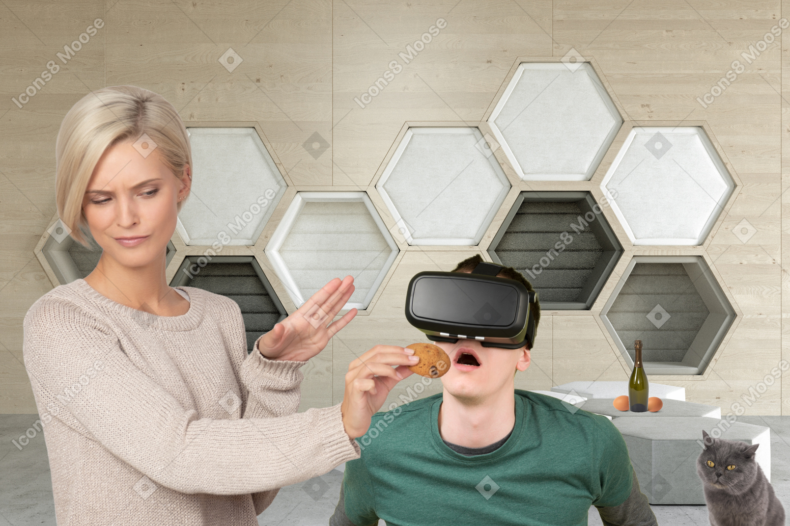 Mujer alimentando galleta a un hombre sorprendido con casco de realidad virtual