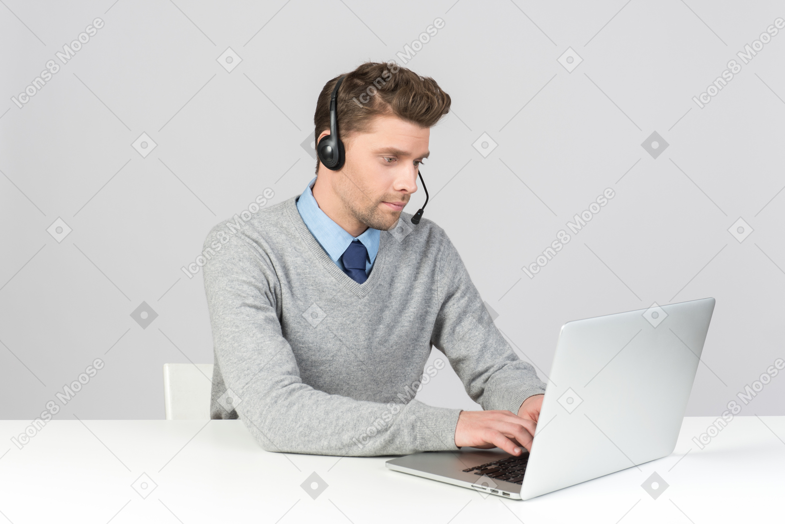 Call center agent working on computer