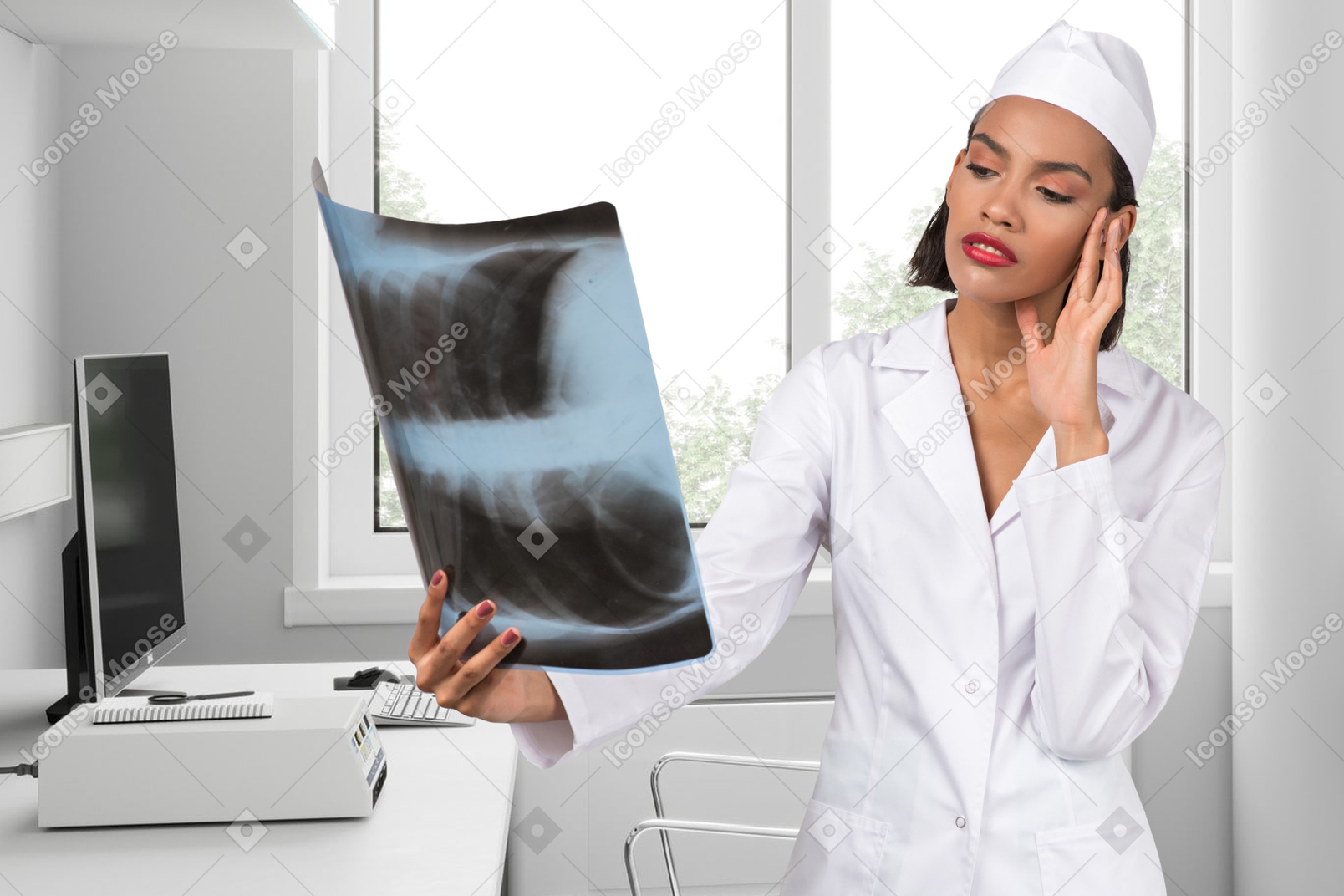 女医生看着 x 射线图像