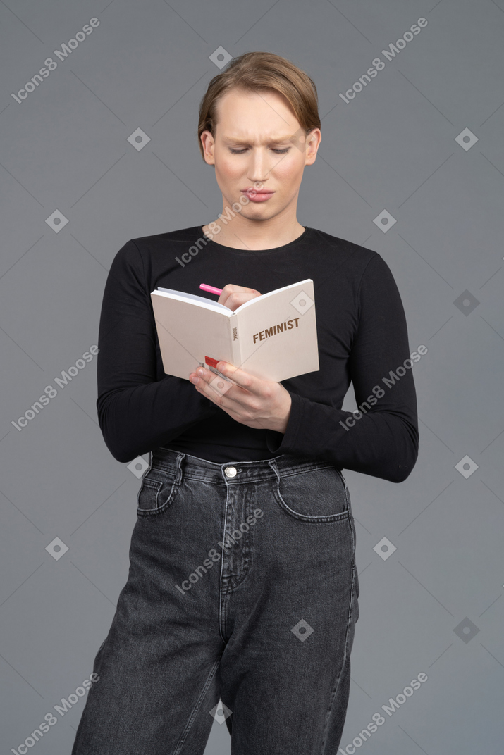 Front view of a person thinking about what to write