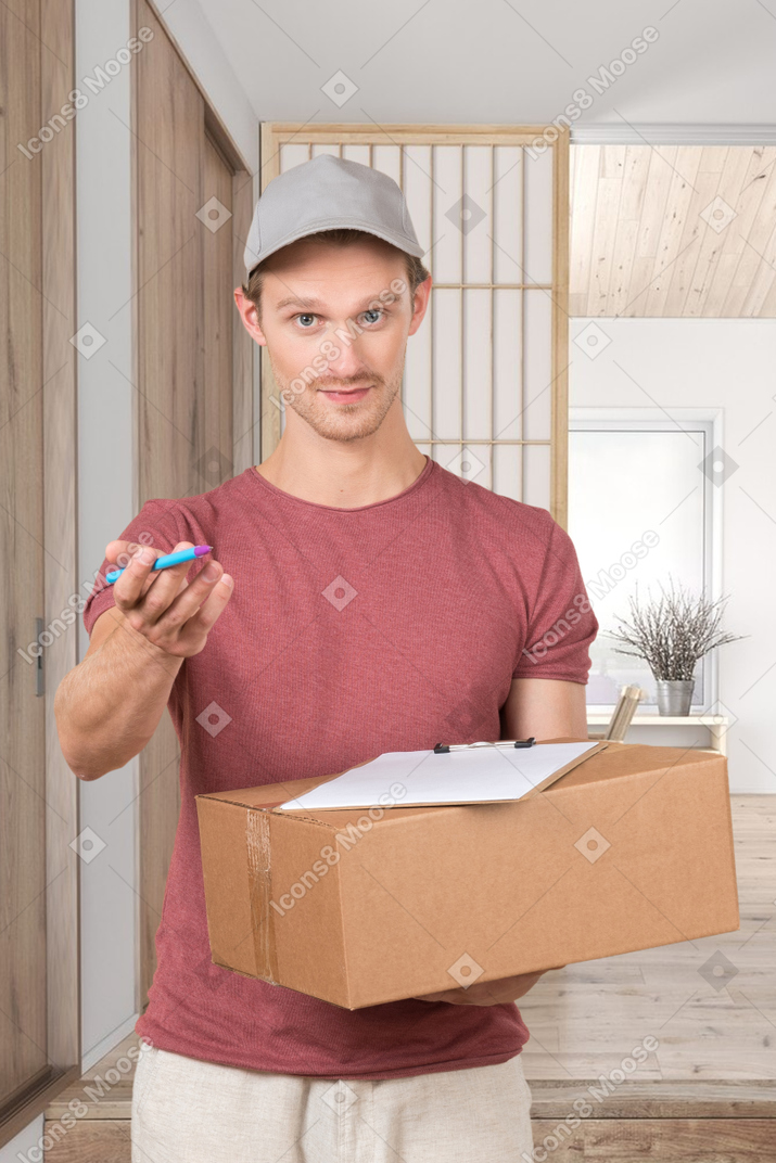 Man opening a cardboard box in a new home