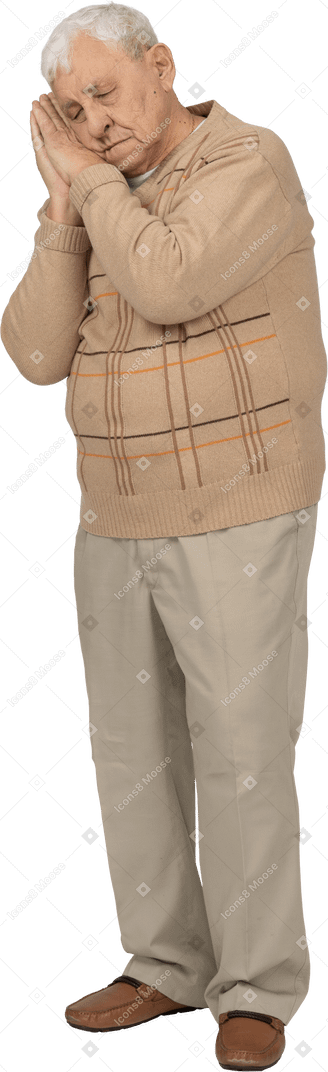 Front view of a sleepy old man in casual clothes