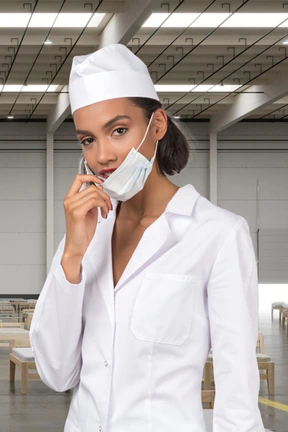 Female nurse adjusting face mask in hospital