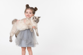 Little kid girl in blue dress holding ragdoll cat