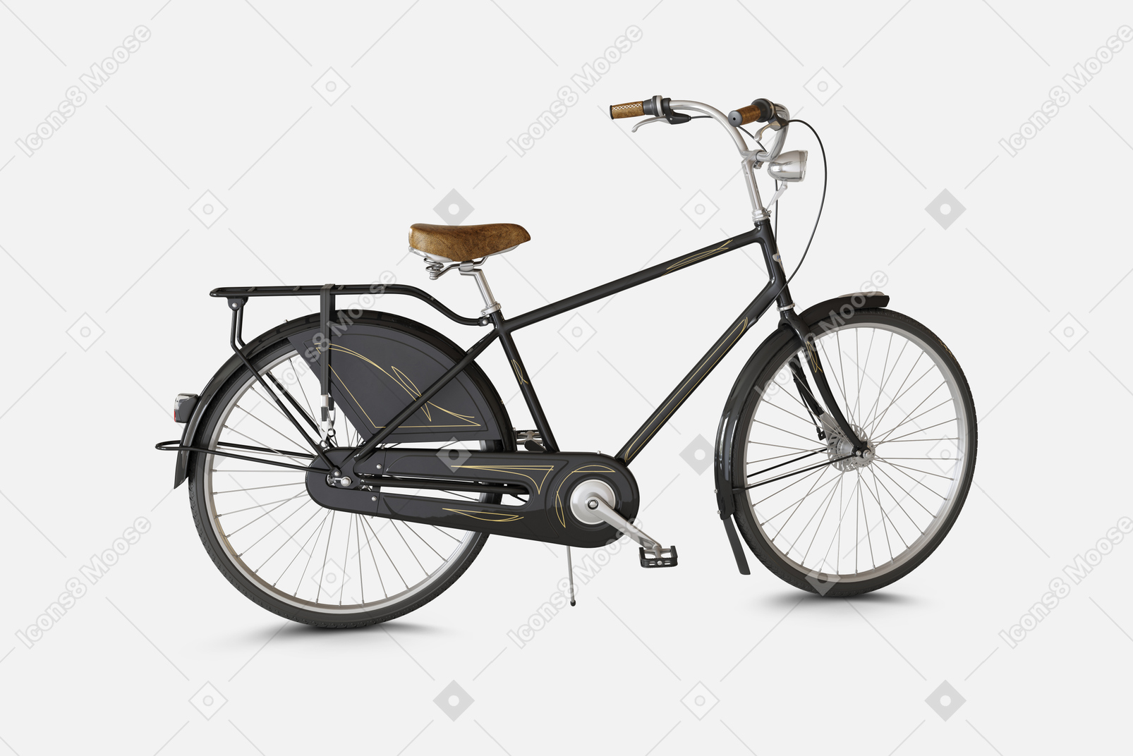 Bicicleta urbana negra con frenos delanteros y traseros y un cuadro especial