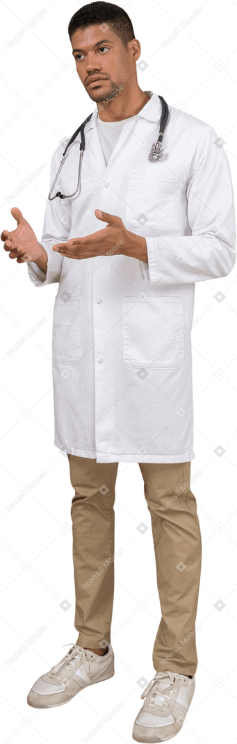 Three-quarter view of a young doctor explaining something
