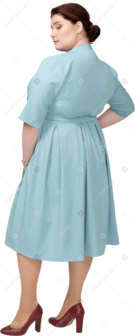 一个身着蓝色连衣裙、手放在臀部摆姿势的女人的后视图